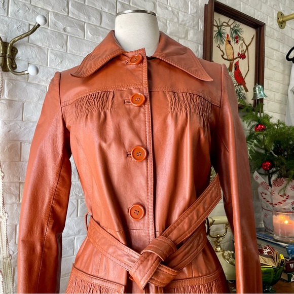 Vintage 1970s Split End Rust Orange 100% Leather Long Belted Trench Coat - Picture 4 of 17